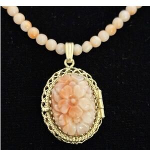 Vintage Angel Skin Coral 19” Necklace w/Floral Carved Coral 14k Gold Locket